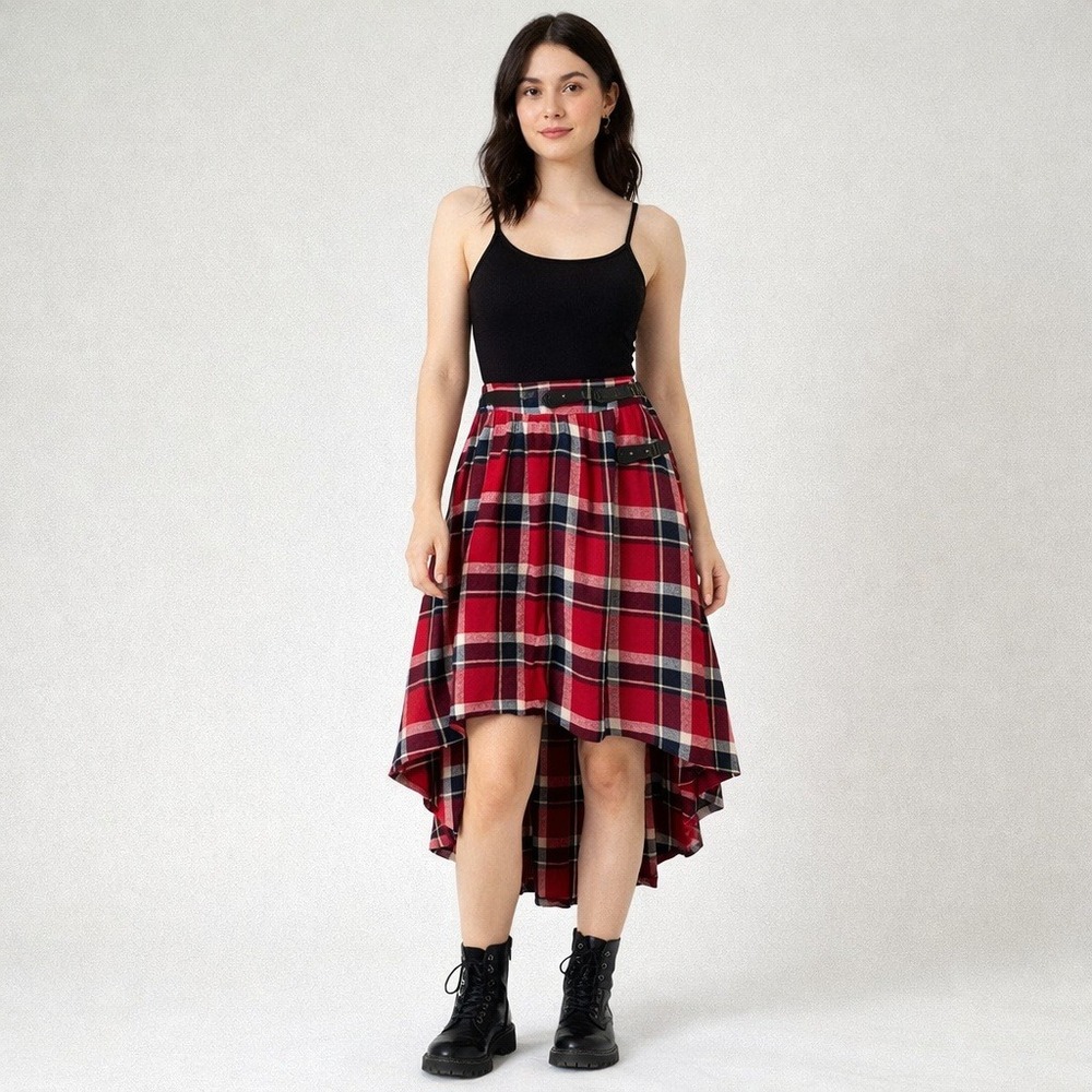 ALICE'S PIG Tartan Plaid High Low Midi Skirt Women's Size 4 Red Black Cream